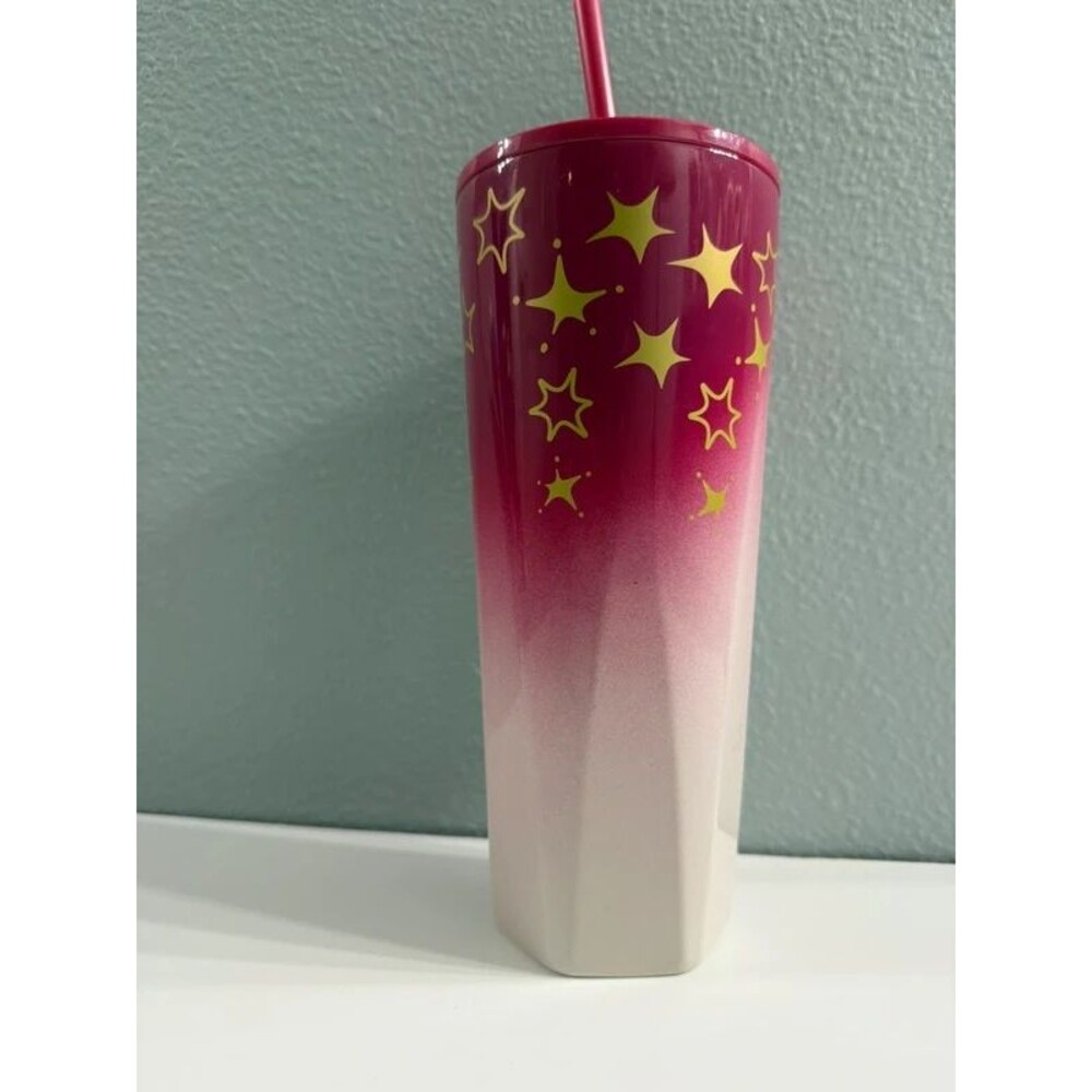 Starbucks 2022 Pink Ombre Gold Stars Faceted 24 oz Tumbler